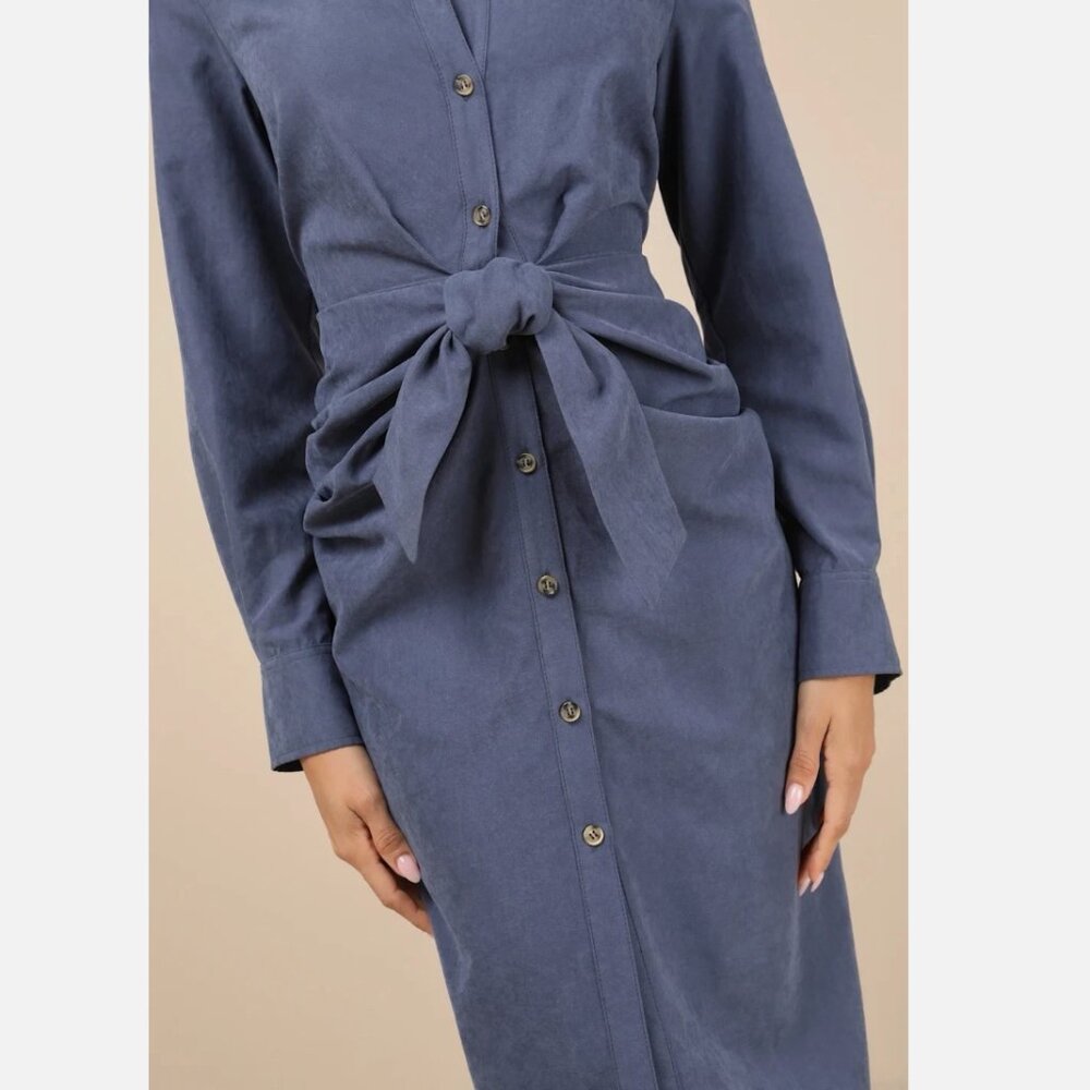 NWT Lulus Autumnal Views Dark Blue Suede Button-Up Tie-Front Midi Dress Women XL - Picture 4 of 16